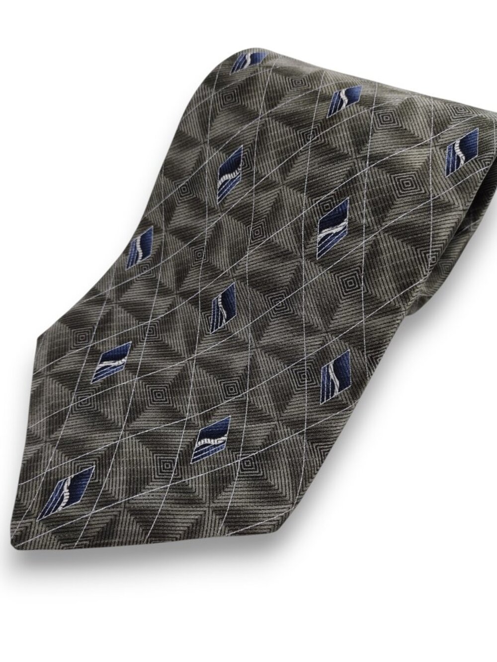 Vintage 90s Gray and Blue Geometric Abstract Diamond Print Silk Necktie 4 x 56.5